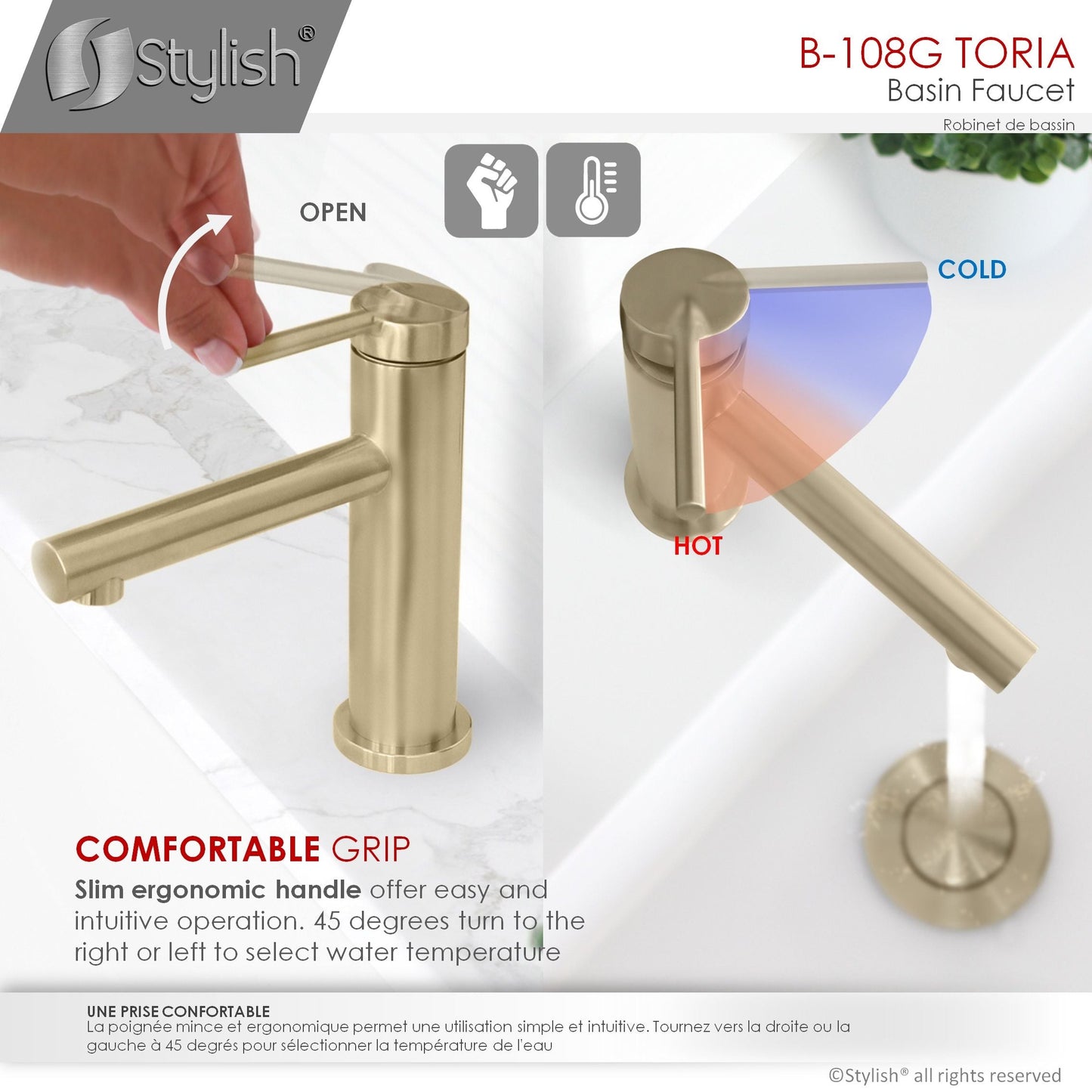 Stylish Toria 6" Single Handle Basin Bathroom Faucet in Brushed Gold Finish B-108G