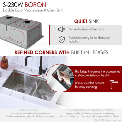 Stylish Boron 30 inch Workstation Double Bowl Undermount and Drop-in 16 Gauge Stainless Steel Kitchen Sink with Built in Accessories