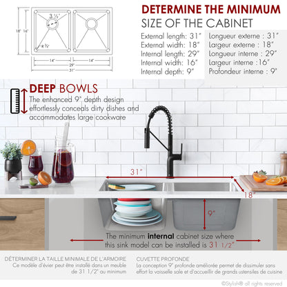 Stylish 31"  Double Bowl Undermount Stainless Steel Kitchen Sink S-401