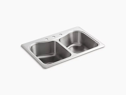Kohler Staccato 33" X 22" X 8-5/16" Top-mount Double-equal Bowl Kitchen Sink With 3 Faucet Holes