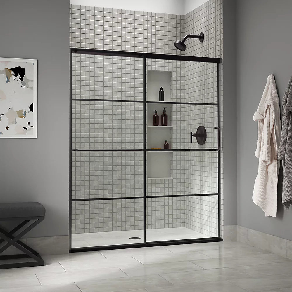 Kohler Elate Sliding Shower Door With Thick Crystal Clear Glass With Rectangular Grille Pattern