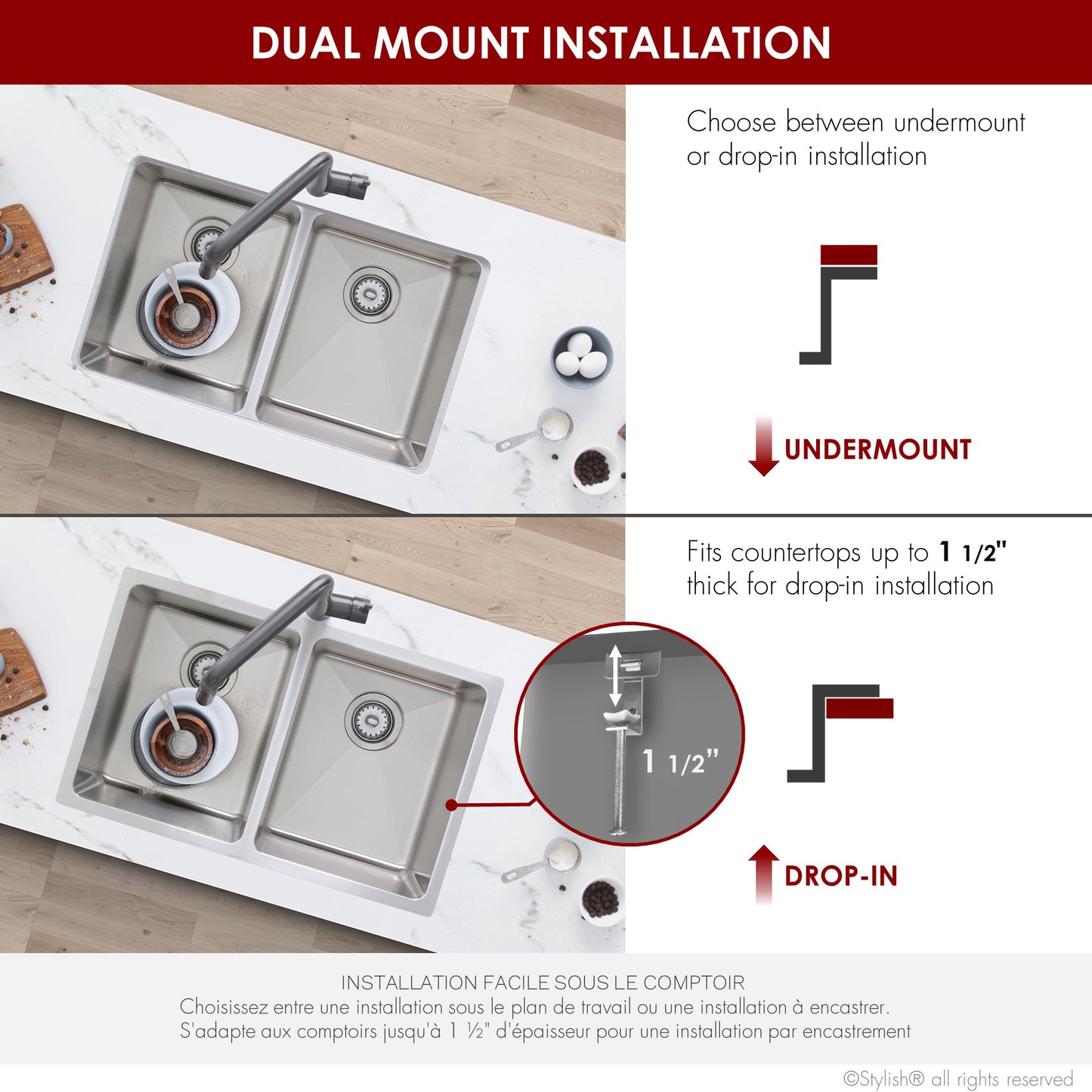 Stylish 31"  Double Bowl Undermount Stainless Steel Kitchen Sink S-401