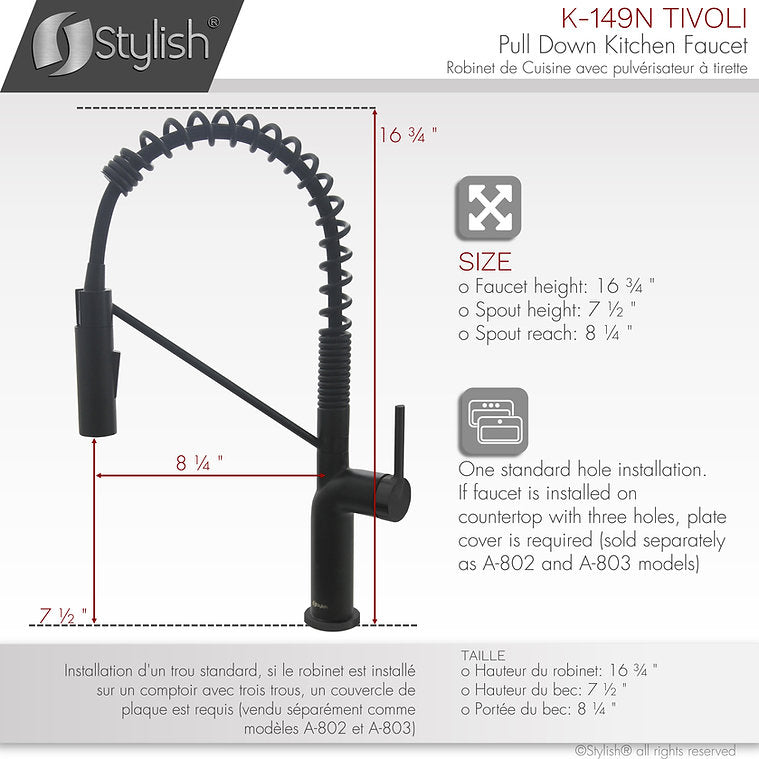 Stylish Single Handle Pull Down Kitchen Faucet - Matte Black Finish by Stylish K-149N