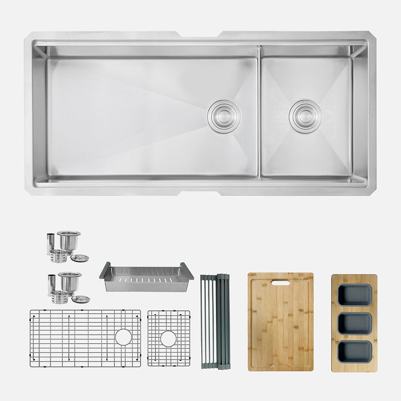 Stylish - 42 Inch Workstation 70/30 Double Bowl Undermount 16 Gauge Stainless Steel Kitchen Sink With Accessories Included( S-642w )