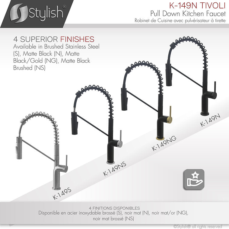Stylish Single Handle Pull Down Kitchen Faucet - Matte Black Finish by Stylish K-149N