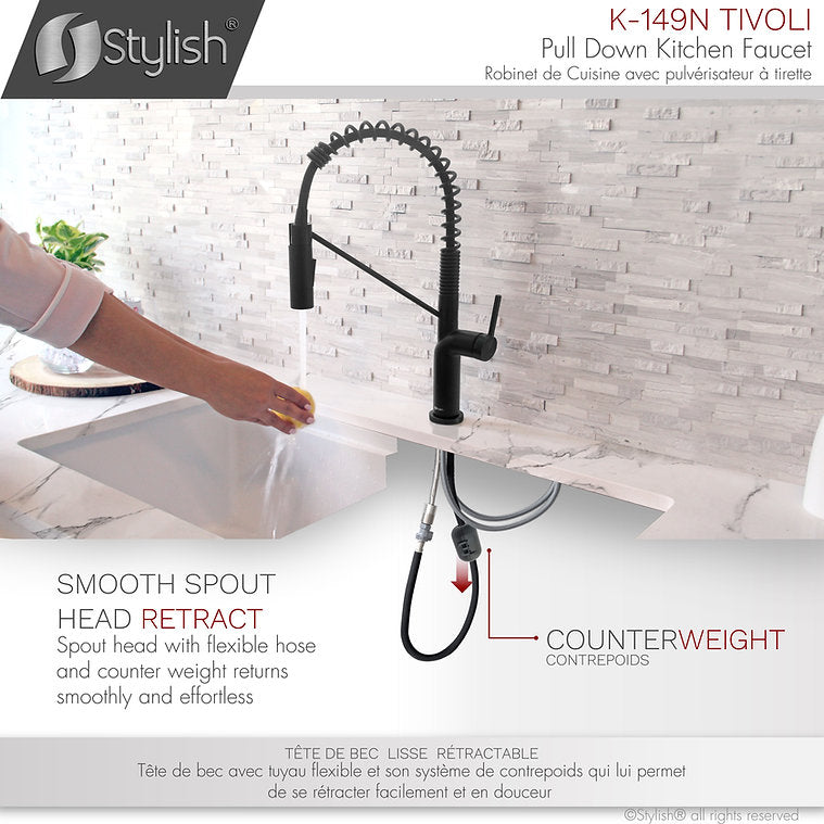 Stylish Single Handle Pull Down Kitchen Faucet - Matte Black Finish by Stylish K-149N