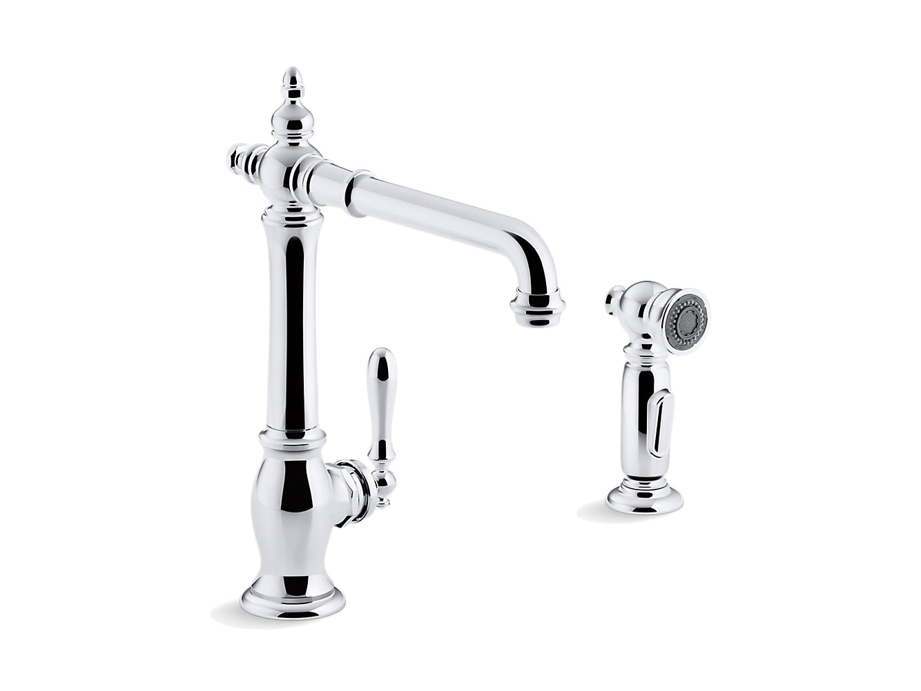 Kohler Artifacts 2 Hole Kitchen Sink Faucet With 13-1/2" Swing Spout and Matching Finish Two Function Sidespray With Sweep and Berrysoft Spray Victorian Spout Design- Chrome