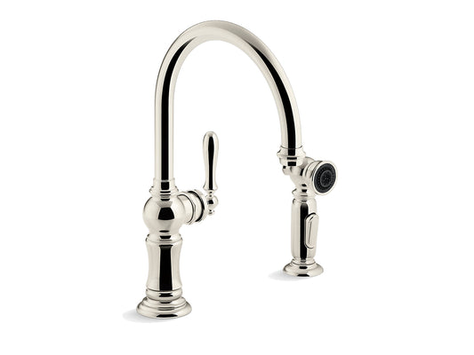 Kohler Artifacts 2 Hole Kitchen Sink Faucet With 14-11/16" Swing Spout and Matching Finish Two Function Side Spray With Sweep and Berrysoft Spray, Arc Spout Design- Vibrant Polished Nickel
