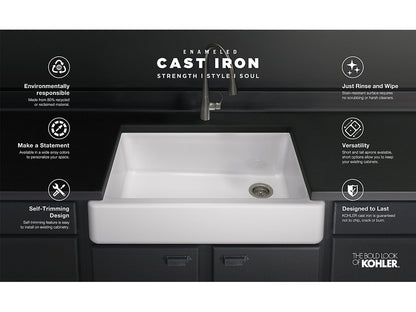 Kohler Whitehaven 34" x 21-9/16" Undermount Single Bowl Farmhouse Kitchen Sink With Tall Apron- White