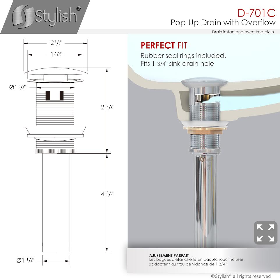 Stylish Pop-Up Drain with Overflow D-701C