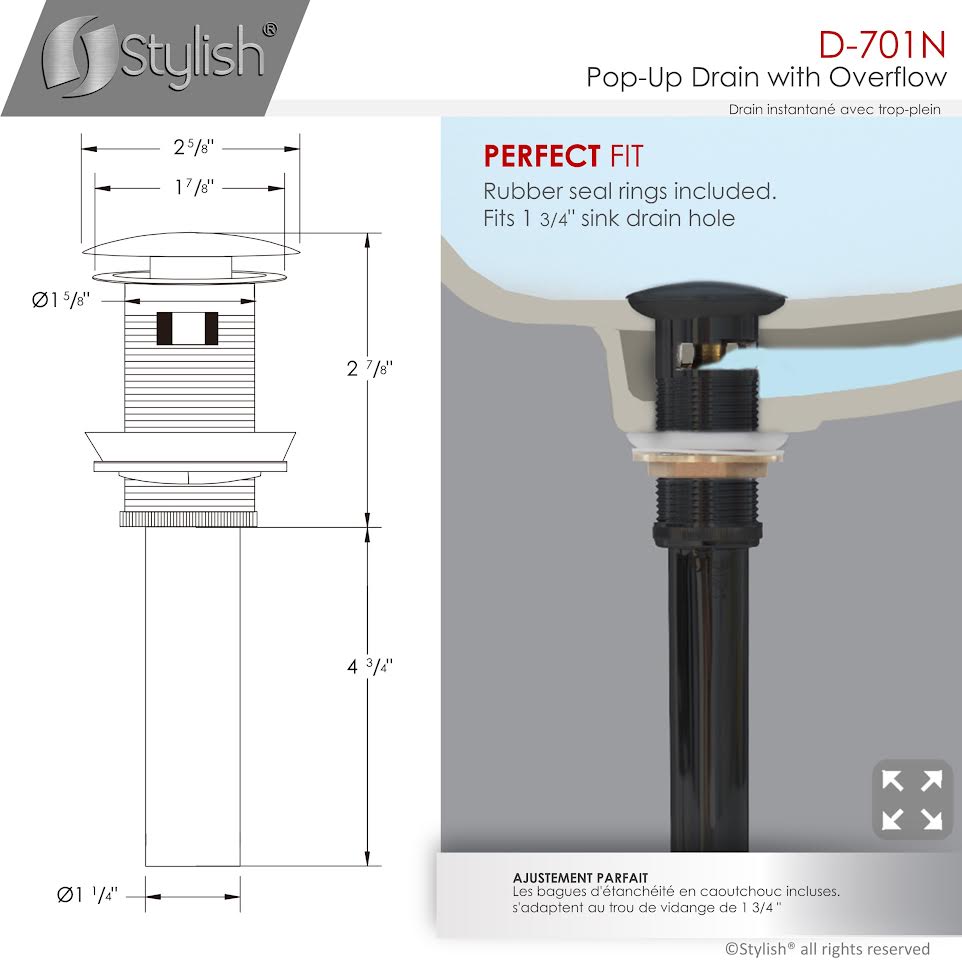 Stylish Pop-Up Drain with Overflow D-701N