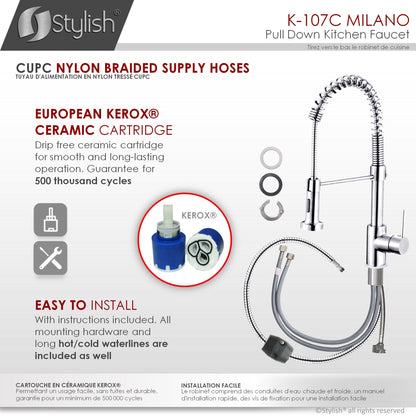 Stylish Milano 17.5" Kitchen Faucet Single Handle Pull Down Dual Mode Lead Free Polished Chrome Finish
