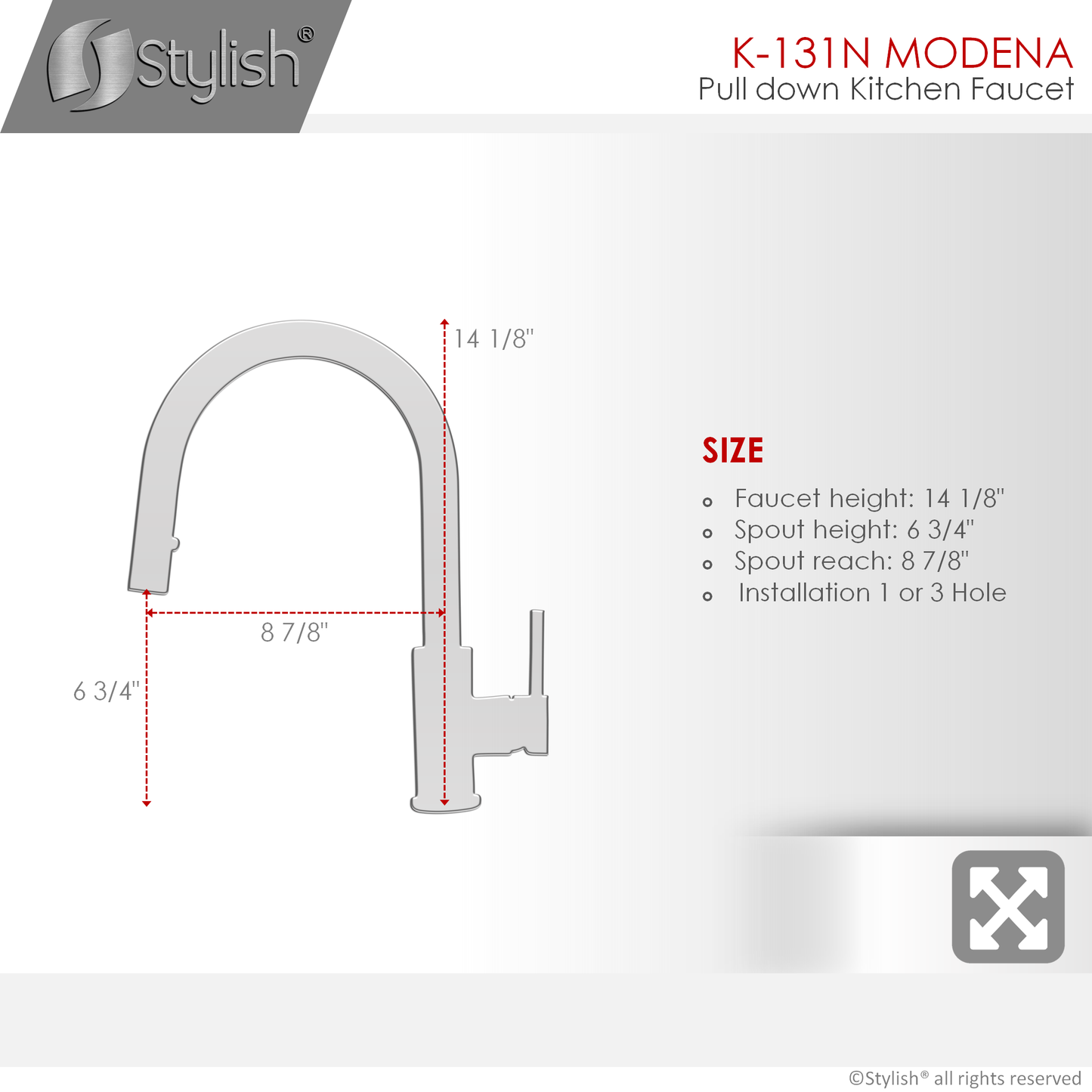 Stylish Modena 14" Kitchen Faucet Single Handle Pull Down Dual Mode Stainless Steel Matte Black Finish K-131N