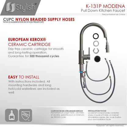 Stylish Modena 14" Kitchen Faucet Single Handle Pull Down Dual Mode Stainless Steel GunMetal Finish K-131P