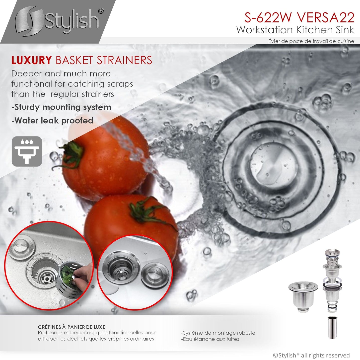 Stylish Versa22 22" x 19" Workstation Single Bowl Undermount 16 Gauge Stainless Steel Kitchen Sink with Built in Accessories S-622W