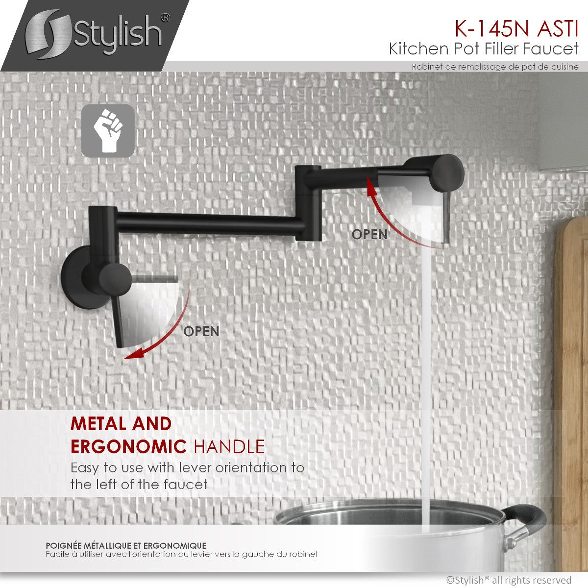 Stylish ANTI Stainless Steel Wall Mount Pot Filler Folding Stretchable with Single Hole Two Handles - Matte Black Finish K-145N