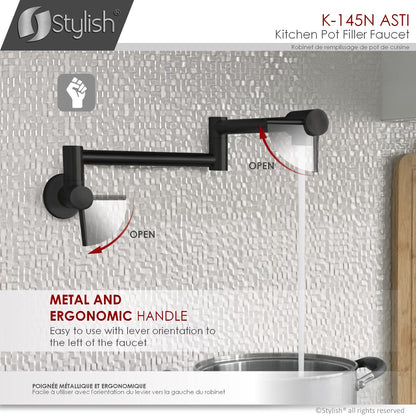 Stylish ANTI Stainless Steel Wall Mount Pot Filler Folding Stretchable with Single Hole Two Handles - Matte Black Finish K-145N