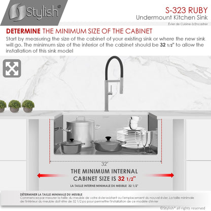 Stylish Ruby 32" x 18" Single Bowl Kitchen Sink, 16 Gauge Stainless Steel with Grid and Basket Strainer, S-323XG