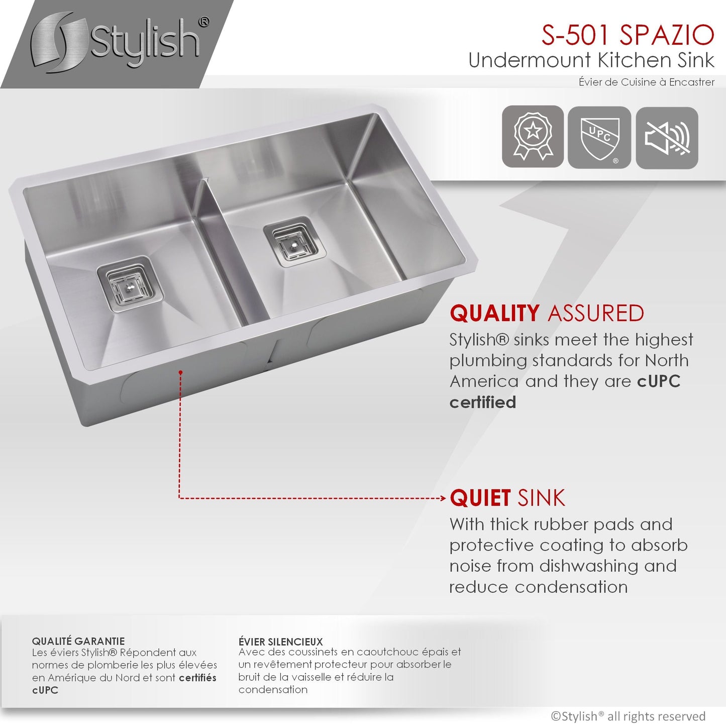 Stylish Spazio 33" x 18" Slim Low Divider Double Bowl Undermount Stainless Steel Kitchen Sink S-501XG