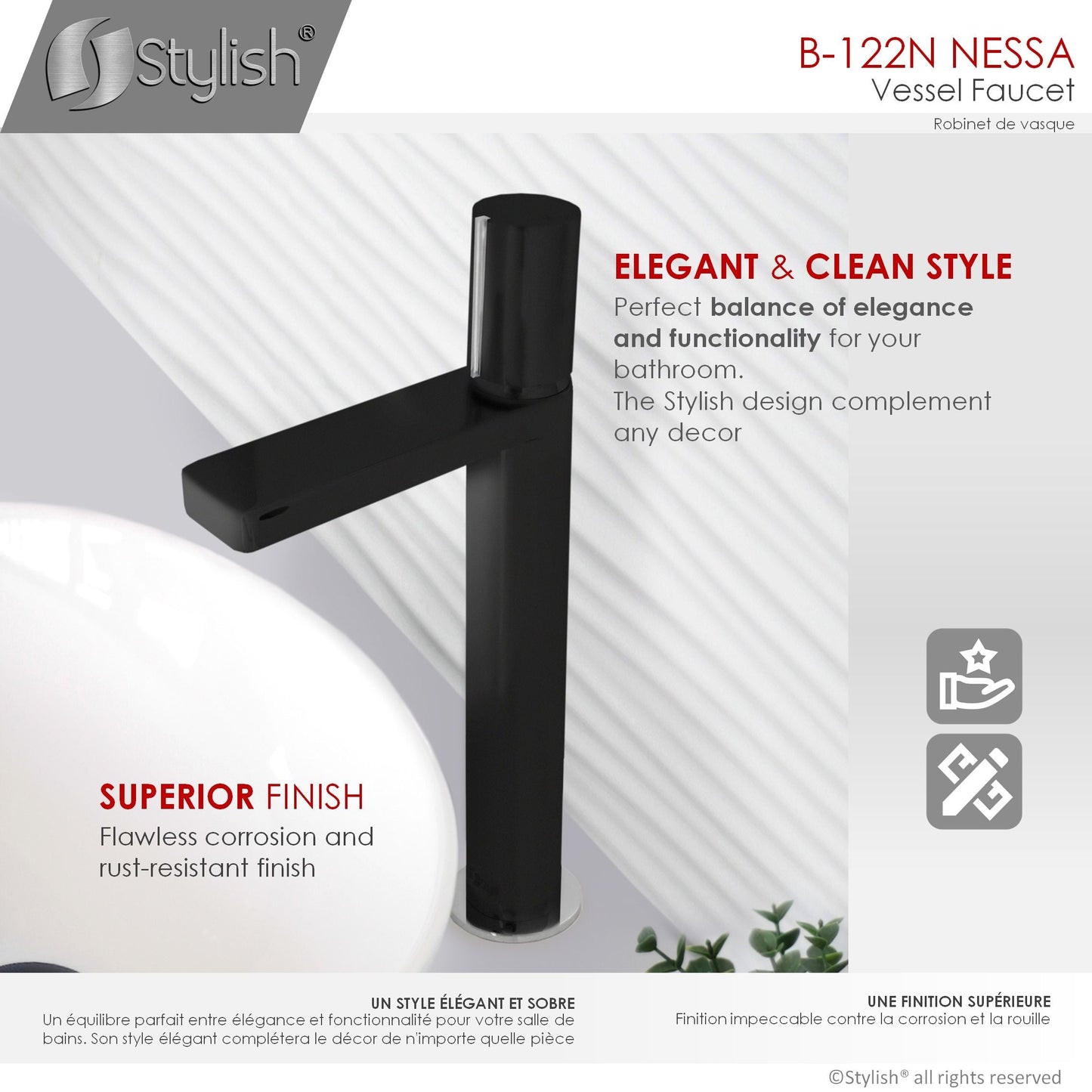 Stylish Nessa Single Handle 12" Bathroom Vessel Sink Faucet, Matte Black Finish B-122NC