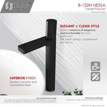 Stylish Nessa Single Handle 12" Bathroom Vessel Sink Faucet, Matte Black Finish B-122NC