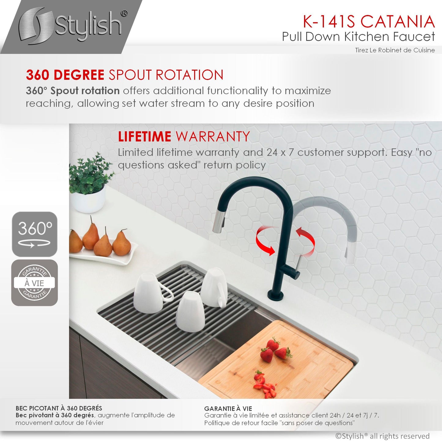 Stylish Catania 17.25" Kitchen Faucet Single Handle Pull Down Dual Mode Lead Free Matte Black with Silver Head and Handle Finish K-141NS
