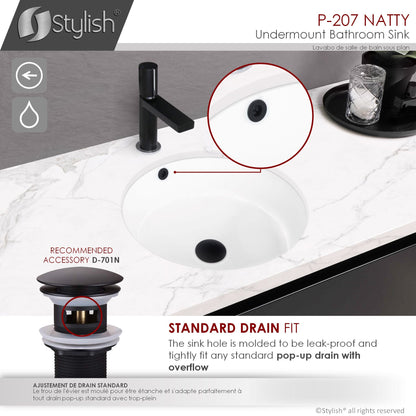 Stylish Natty 16" x 16" Round Undermount Ceramic Bathroom Sink with 2 Overflow Finishes P-207
