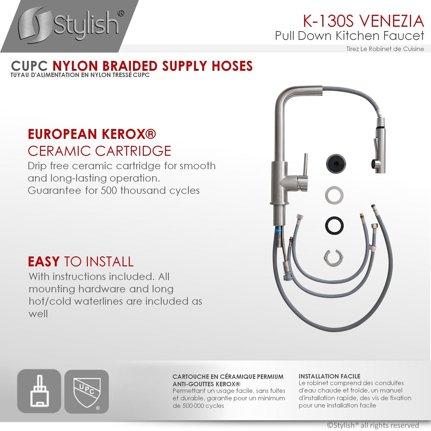 Stylish Venezia 12" Kitchen Faucet Single Handle Pull Down Dual Mode Stainless Steel, Brushed Finish K-130S
