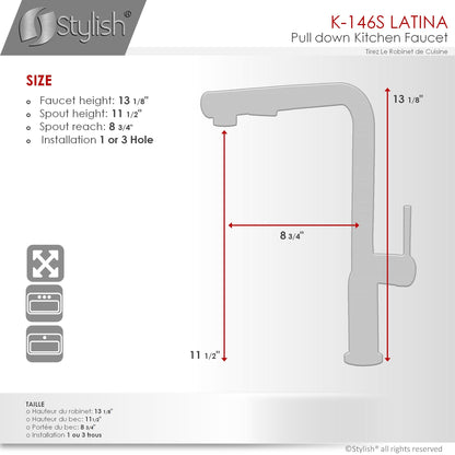 Stylish Latina 13" Kitchen Faucet Single Handle Pull Down Dual Mode Stainless Steel Brushed Finish K-146S