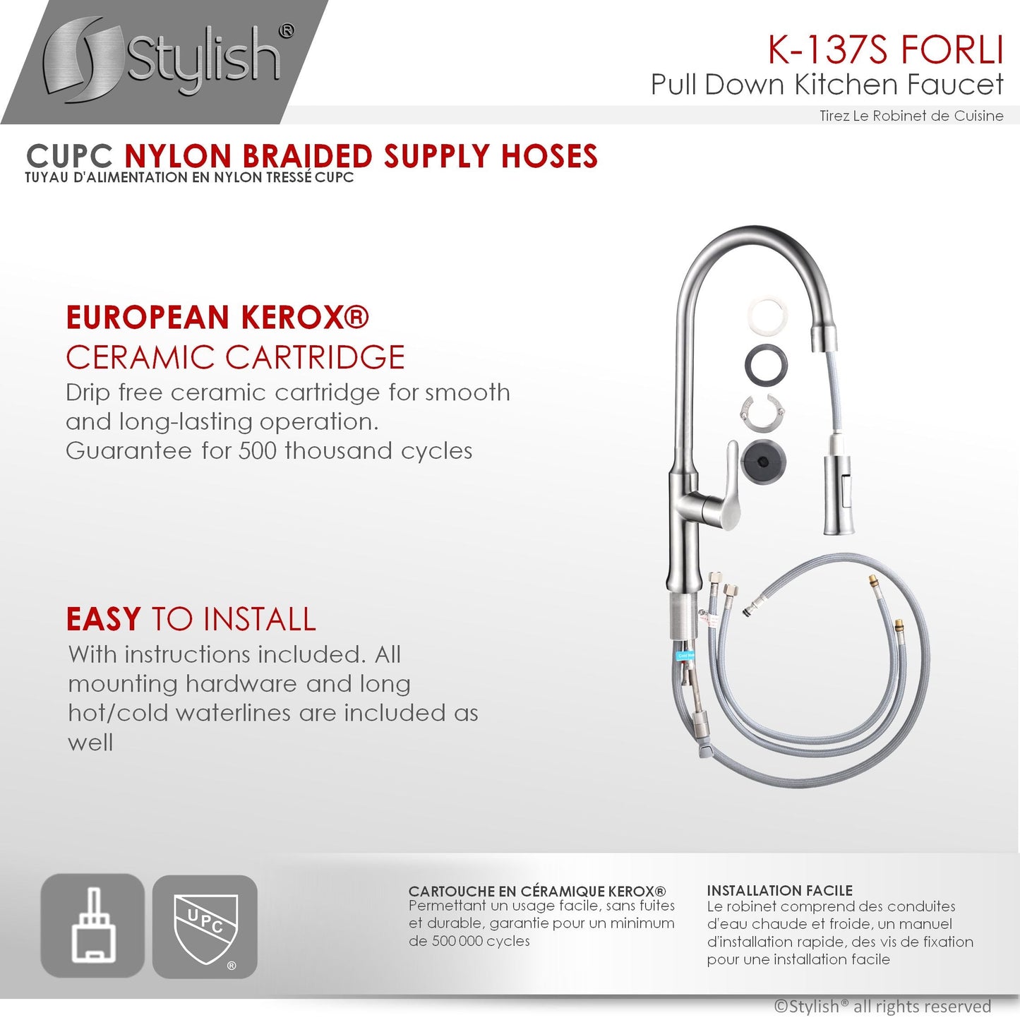 Stylish Forli 18.5" Kitchen Faucet Single Handle Pull Down Dual Mode Stainless Steel Brushed Finish K-137S