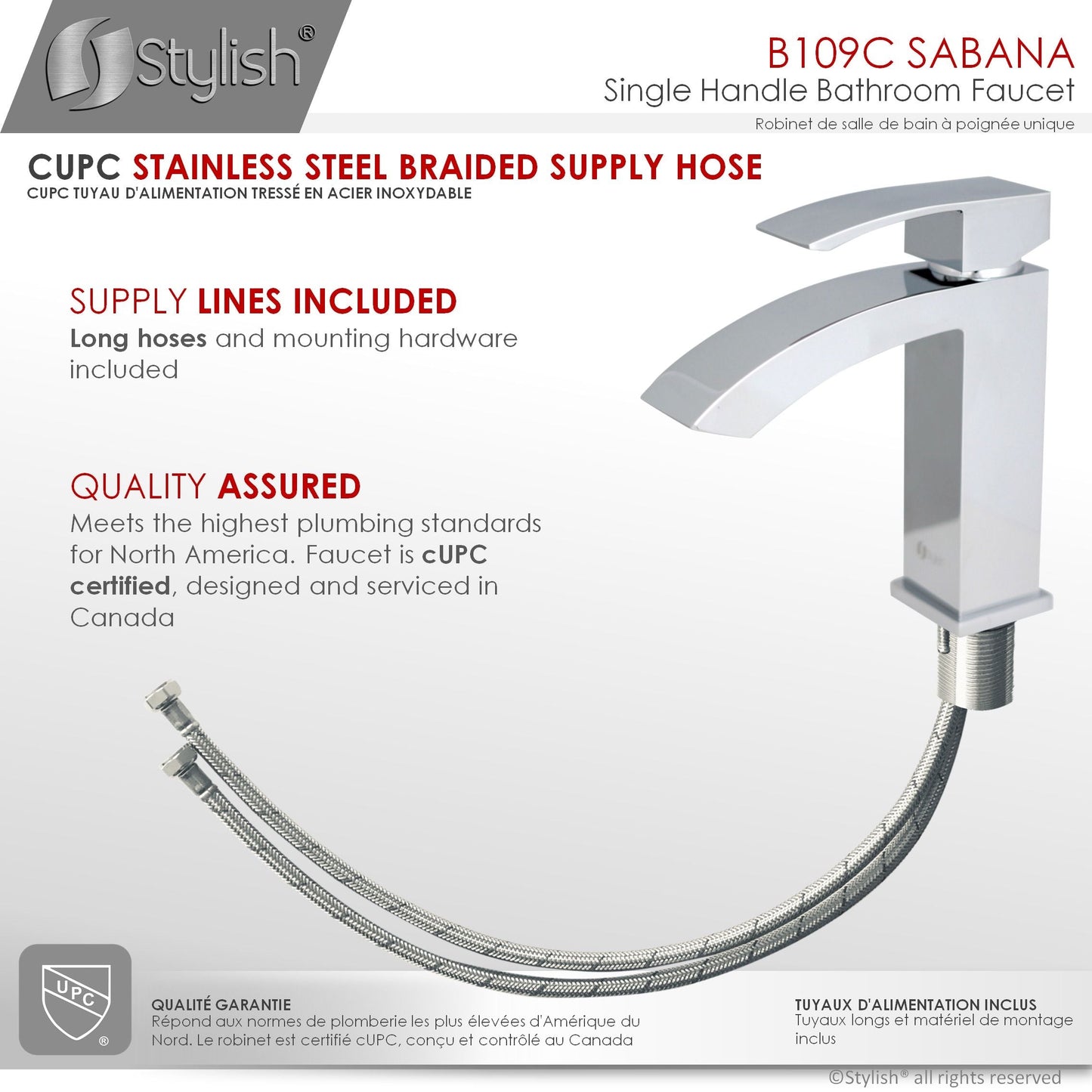 Stylish Sabana Single Handle 7" Bathroom Faucet for Single Hole Brass Basin Mixer Tap, Polished Chrome Finish B-109C