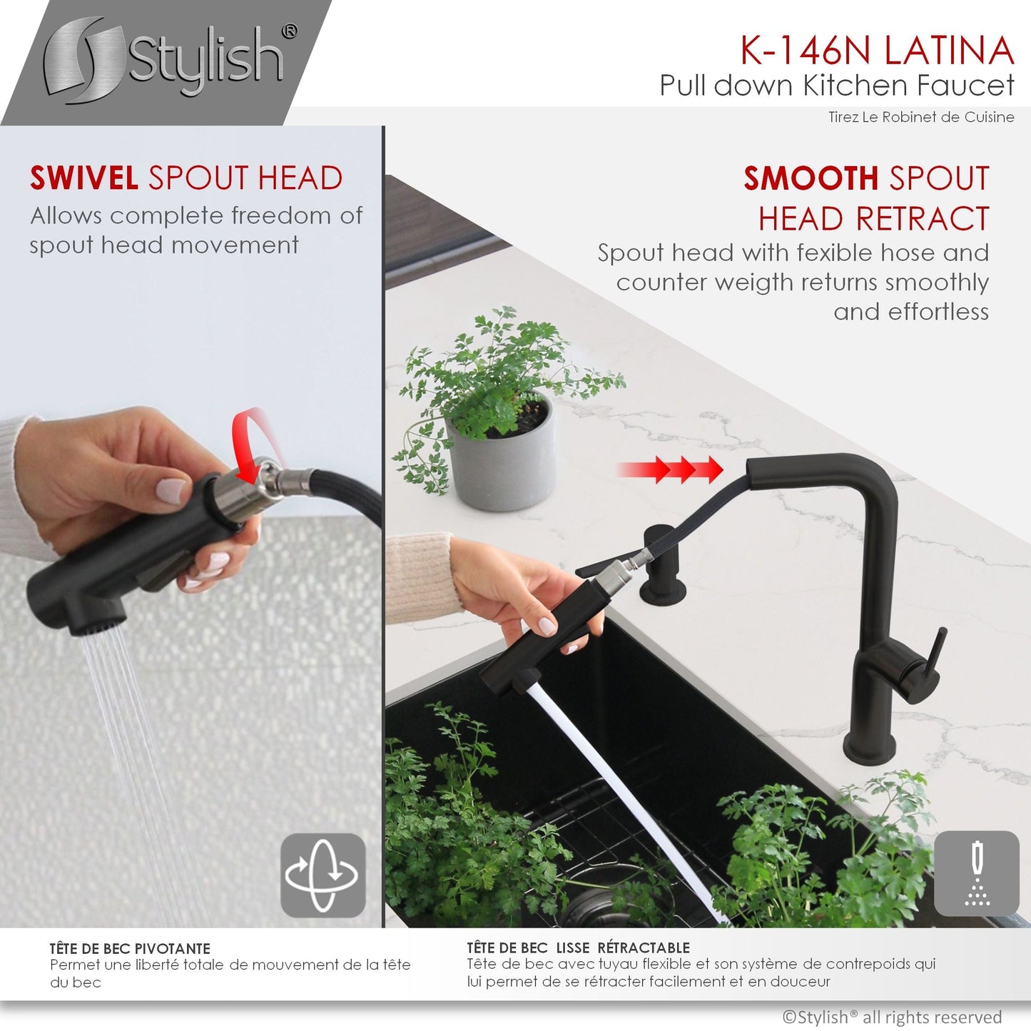 Stylish Latina 13" Kitchen Faucet Single Handle Pull Down Dual Mode Matte Black Finish K-146N