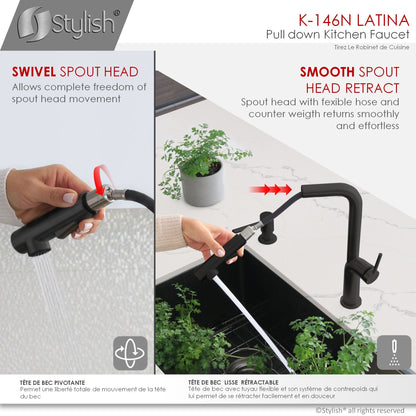 Stylish Latina 13" Kitchen Faucet Single Handle Pull Down Dual Mode Matte Black Finish K-146N