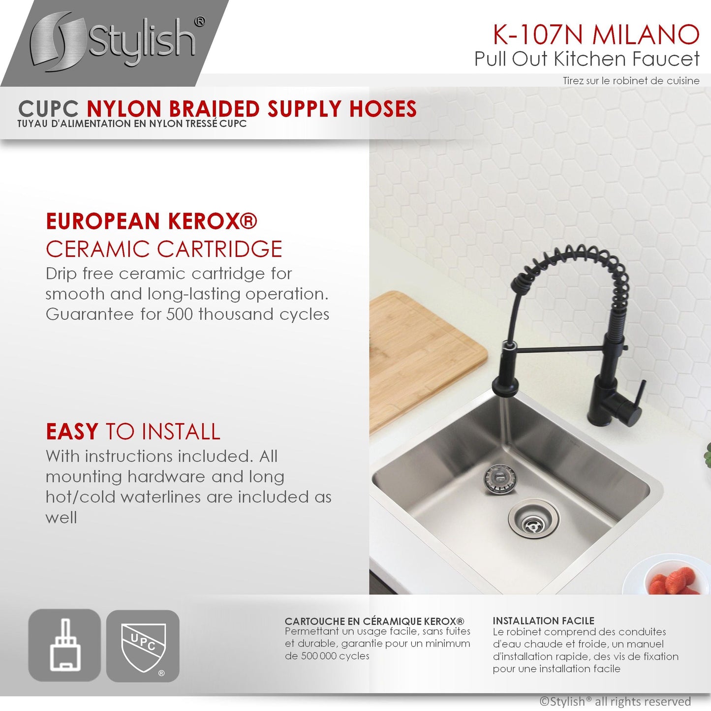 Stylish Milano 17.5" Kitchen Faucet Single Handle Pull Down Dual Mode Lead Free Matte Black Finish K-107N