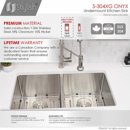 Stylish Onyx 30" x 18" Double Bowl Undermount Stainless Steel Kitchen Sink S-304XG