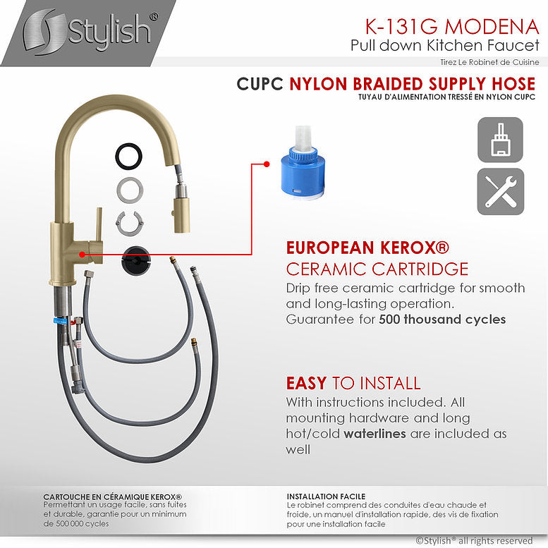 Stylish Modena 14" Kitchen Faucet Single Handle Pull Down Dual Mode Stainless Steel Gold Finish K-131G