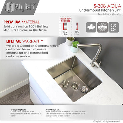 Stylish Aqua 19" x 18" Single Bowl Undermount Stainless Steel Kitchen Sink Laundry S-308XG