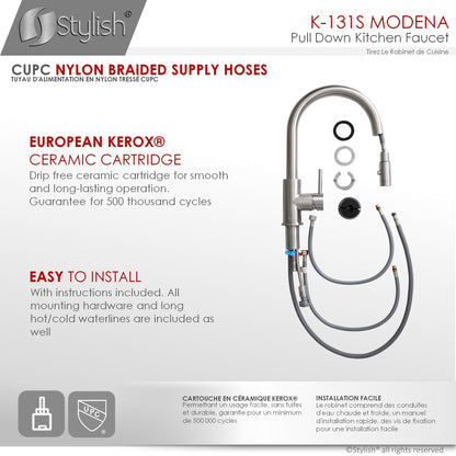 Stylish Modena 14" Kitchen Faucet Single Handle Pull Down Dual Mode Stainless Steel Brushed Finish K-131S