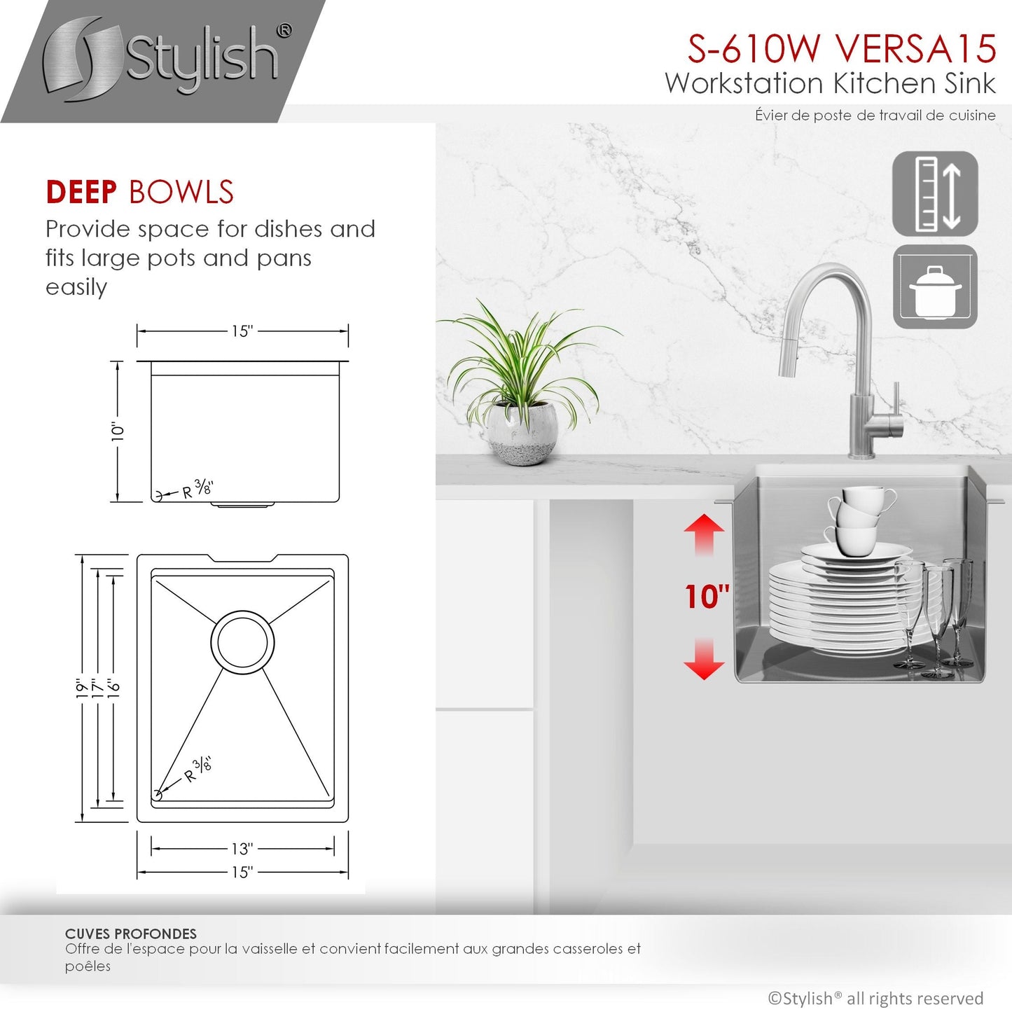 Stylish Versa15 15" x 19" Workstation Single Bowl Undermount 16 Gauge Stainless Steel Kitchen Sink with Built in Accessories S-610W