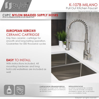 Stylish Milano 17.5" Kitchen Faucet Single Handle Pull Down Dual Mode Lead Free Brushed Nickel Finish K-107B