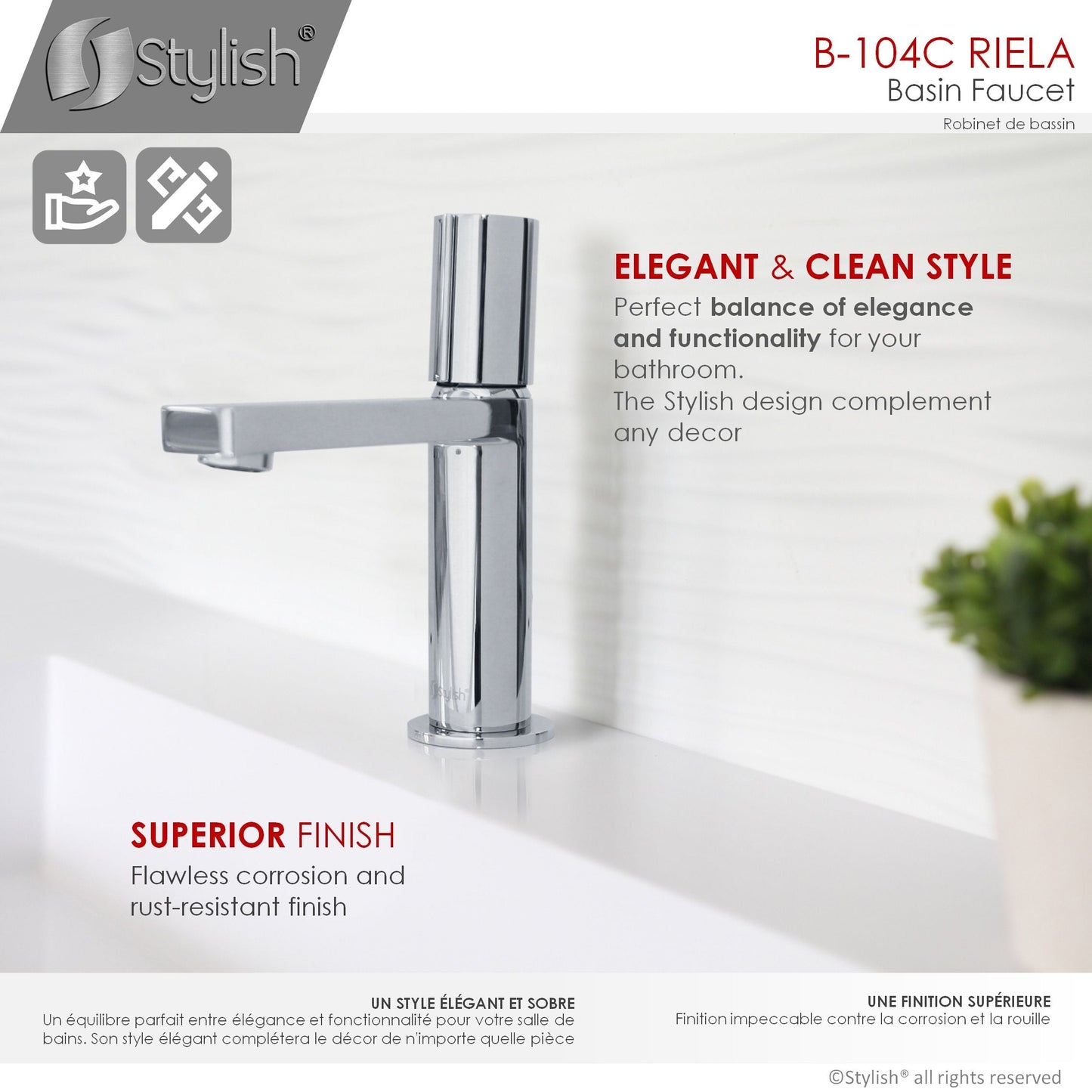 Stylish Riela 7" Single Handle Modern Bathroom Basin Faucet in Polished Chrome Finish B-104C