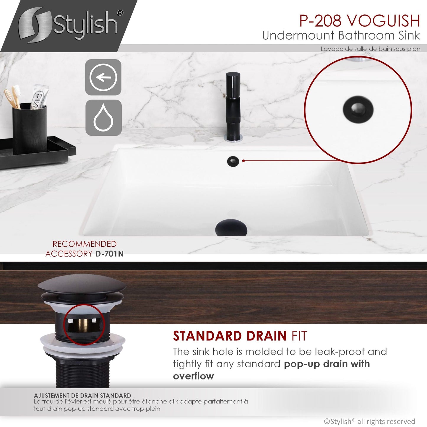 Stylish Voguish 24" x 16" Rectangular Undermount Ceramic Bathroom Sink with 2 Overflow Finishes P-208