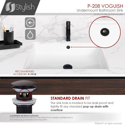 Stylish Voguish 24" x 16" Rectangular Undermount Ceramic Bathroom Sink with 2 Overflow Finishes P-208