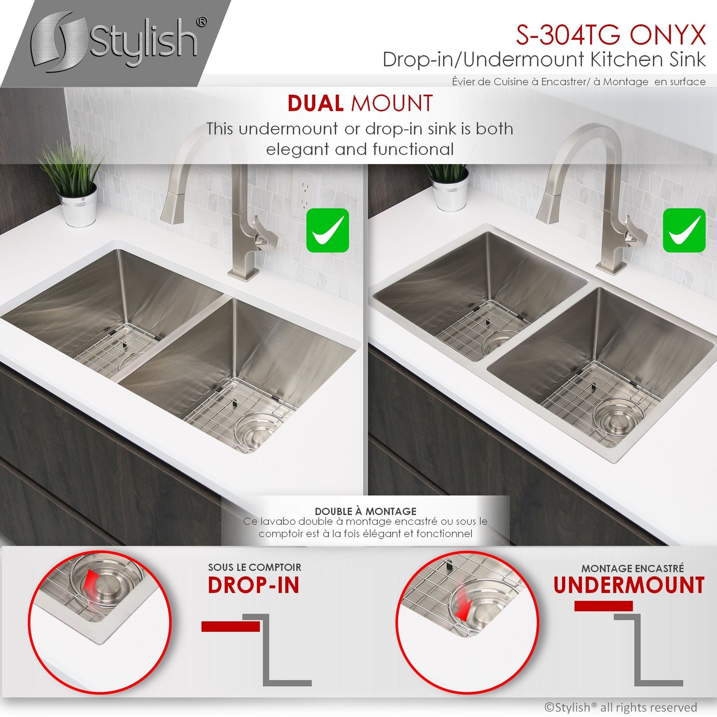 Stylish ONYX 30" x 18" Undermount or Drop-in Double Bowl Kitchen Sink, 18 Gauge Stainless Steel with Grids and Basket Strainers, S-304TG