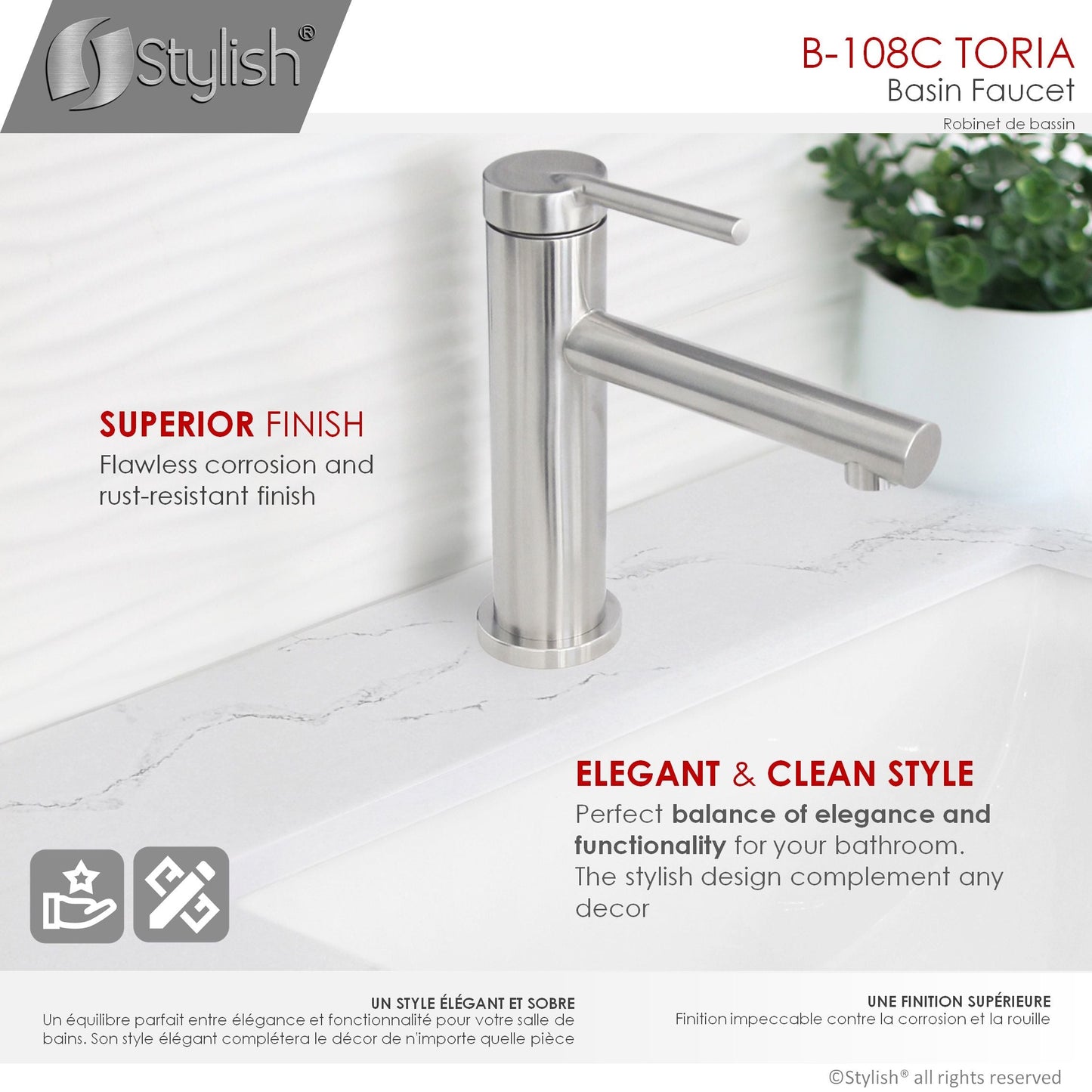Stylish Toria 6" Single Handle Basin Bathroom Faucet in Stainless Steel Finish B-108S