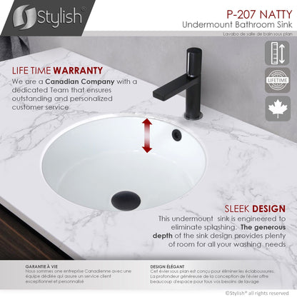 Stylish Natty 16" x 16" Round Undermount Ceramic Bathroom Sink with 2 Overflow Finishes P-207