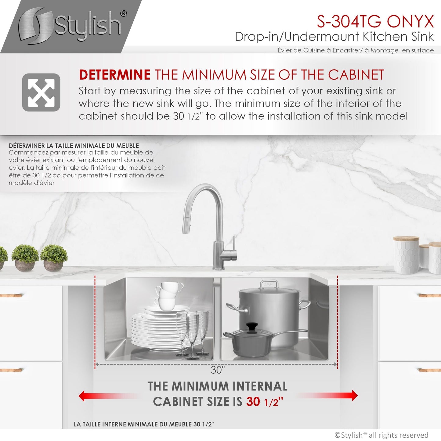 Stylish ONYX 30" x 18" Undermount or Drop-in Double Bowl Kitchen Sink, 18 Gauge Stainless Steel with Grids and Basket Strainers, S-304TG