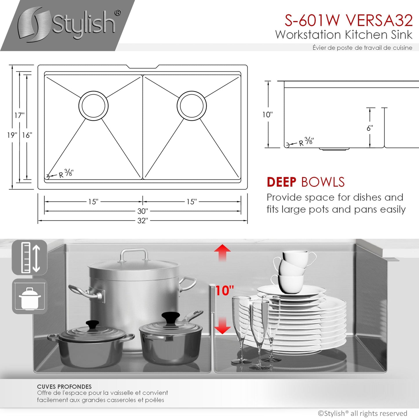 Stylish Versa32 32" x 19" Workstation Double Bowl Undermount Kitchen Sink with Built in Accessories S-601W