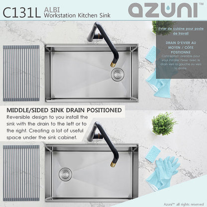 Stylish Azuni Albi 30" x 19" Reversible Undermount Workstation Single Bowl Kitchen Sink C131L