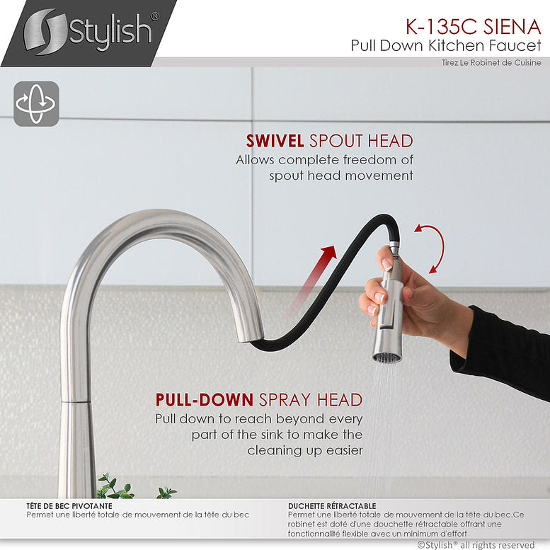 Stylish Siena Kitchen Faucet Single Handle Pull Down Dual Mode Stainless Steel Polished Chrome Finish K-135C